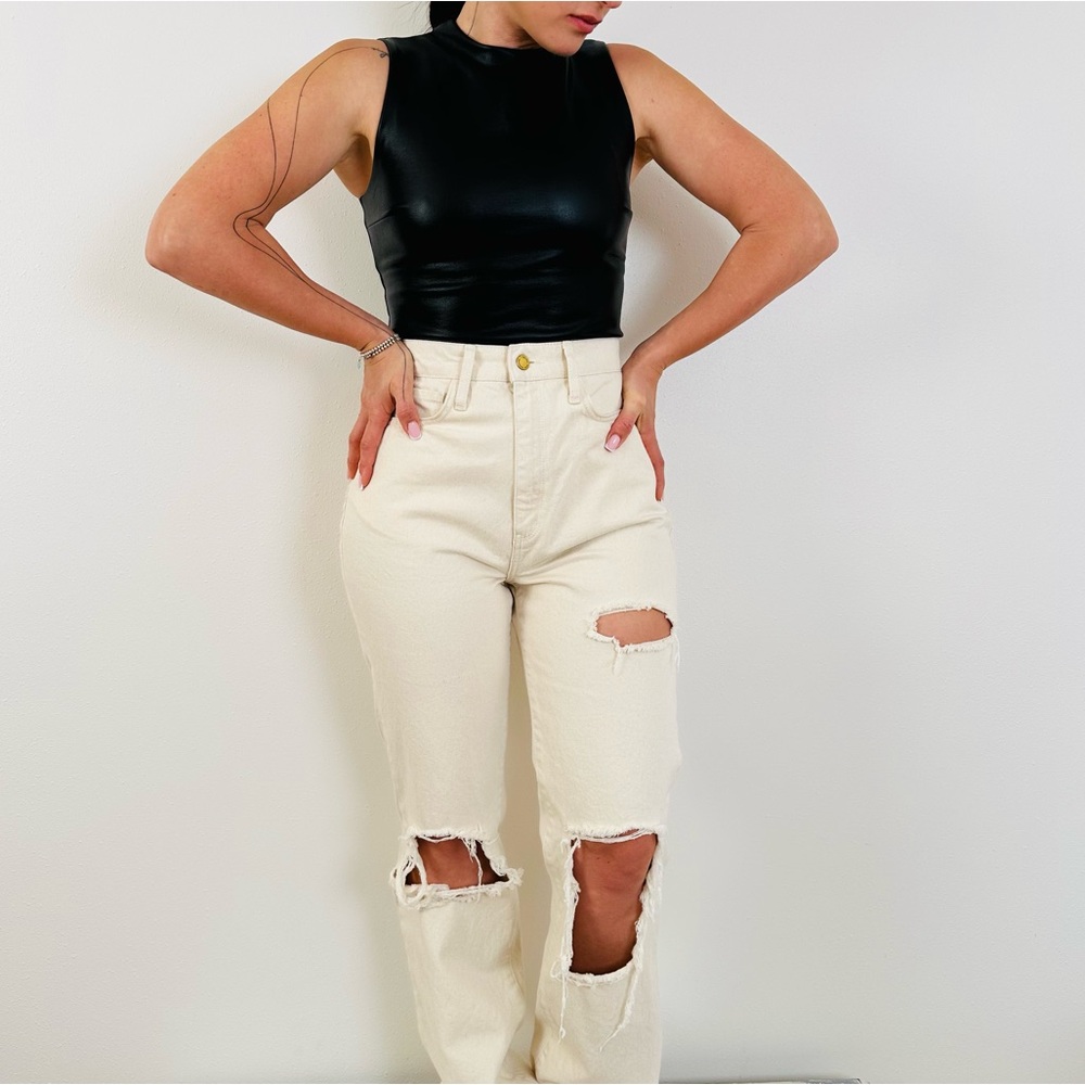 Triarchy Distressed Jeans Cream Color Straight Leg High Waisted Ivory